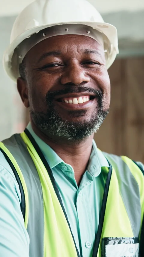 Building, face and hardhat with black man on worksite for architecture or Stock Footage 338011585