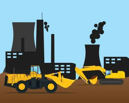 Building factory construction development with bulldozer and sillhouttes Stock Illustration