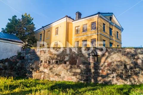 Building of Finnish School of Naval Warfare at Suomenlinna (Sveaborg), sea fo Stock Photos