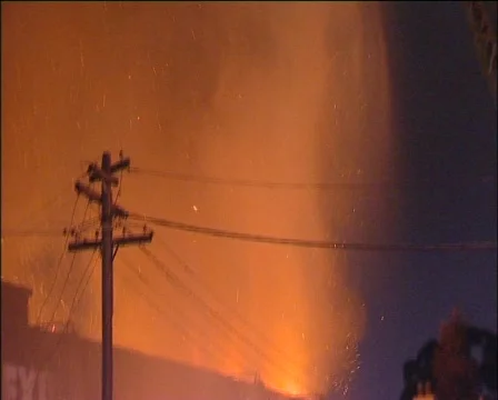 Building Fire with Fire Fighters using a ladder platform Stock Footage 138229