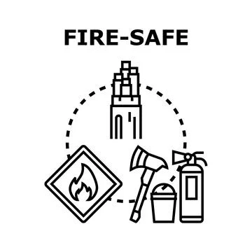 Building fire safety concept with tools and warning sign 스톡 일러스트