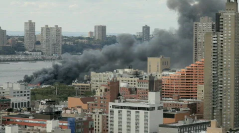 Building on Fire Smoke New York City USA Terrorism Bomb Disaster Armageddon War Stock Footage