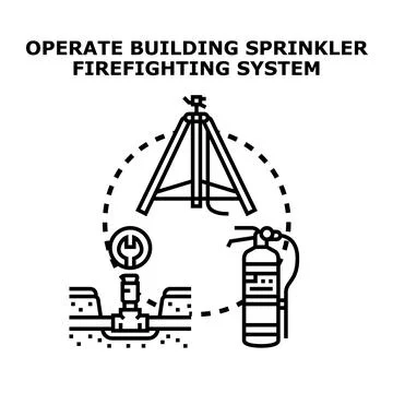 Building fire sprinkler system operation and safety concept Ilustración de archivo