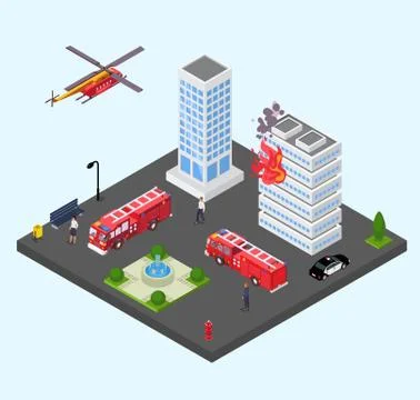 Building in fire vector illustration isometric. Emergency firefighting rescue Ilustración de archivo
