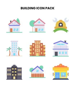Building Flat Collection Icons Pack Stock Illustration