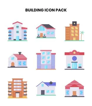Building Flat Collection Icons Pack Stock Illustration