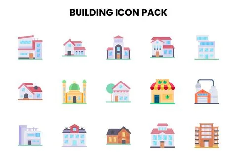 Building Flat Set Icons Pack Stock Illustration