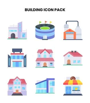 Building Flat Vector Icons Pack Stock Illustration