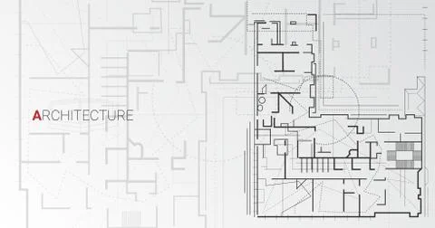 Building Floor Scheme Architectural Drawing On Gray Background, Panorama Ilustración de archivo
