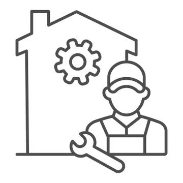 Building with gear and engineer thin line icon, smart home concept, smart house Stock Illustration