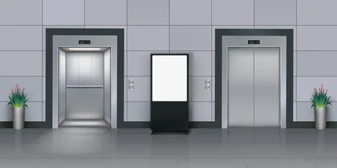 Building hallway interior with elevator and lightbox. Lift doors. Office poster Ilustración de archivo