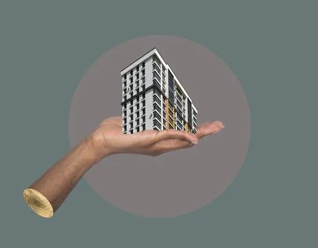 Building in hand creative architecture concept. African American male holding Foto stock