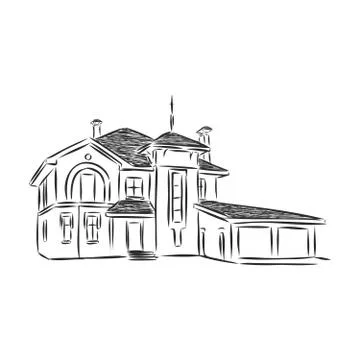 Building hand drawing, house vector sketch illustration, architecture Stock Illustration