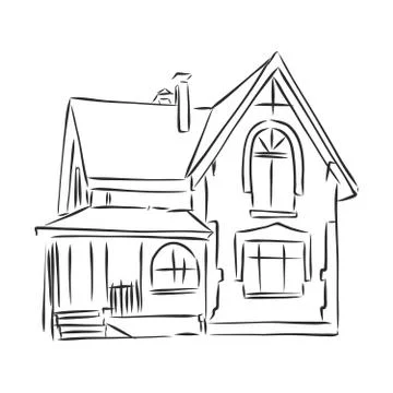 Building hand drawing, house vector sketch illustration, architecture Ilustración de archivo