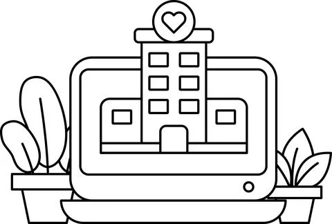 A building with a heart on it is shown on a computer screen Stock Illustration