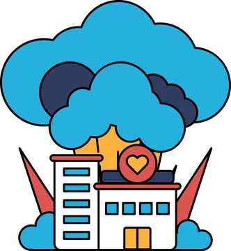 A building with a heart on it is surrounded by clouds Stock Illustration