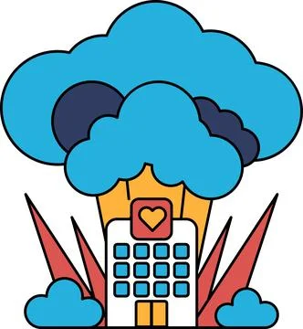 A building with a heart on it is surrounded by clouds Stock Illustration