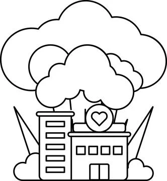 A building with a heart on it is surrounded by clouds Illustrazione stock