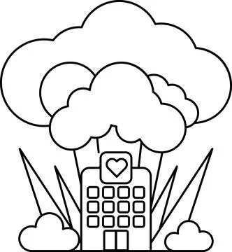 A building with a heart on it is surrounded by clouds Stock Illustration