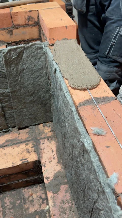 Building a heating stove, Bricklayer laying brickwork, The stove core is li.. Stock Footage 321840466