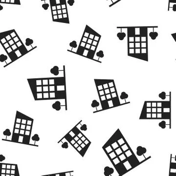 Building hotel trees seamless pattern background. Business flat vector illust Stock Illustration