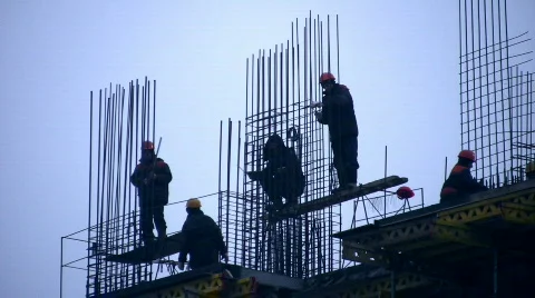 Building house and group worker Stock Footage