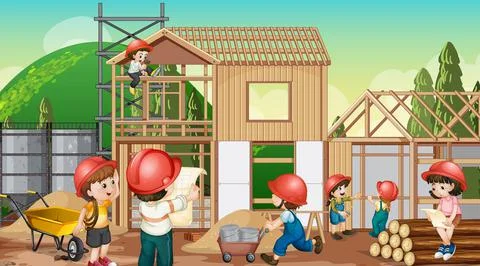 Building house construction site and workers Ilustración de archivo