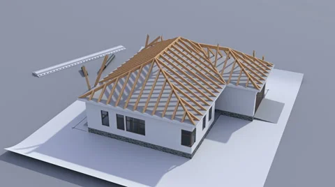 Building a house with a hip roof. 3d animation of house construction. 4K Stock Footage
