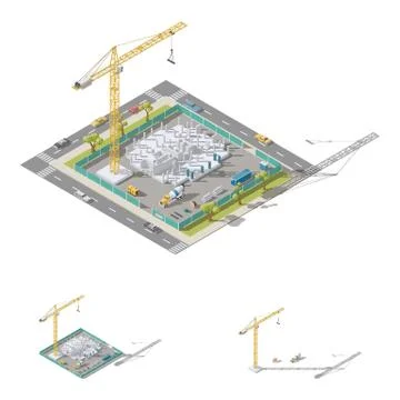 Building a house, pouring columns into formwork isometric lowpoly icon set Stock Illustration