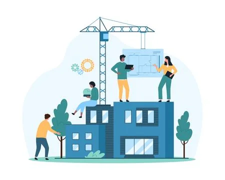 Building house process at construction site, tiny people work with paper floor 스톡 일러스트