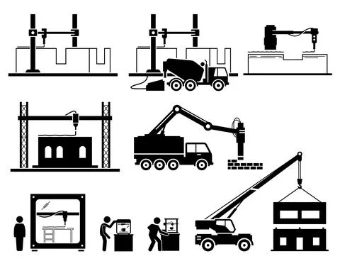 Building house using 3d printer and creating modular home. Vector illustratio Stockillustratie