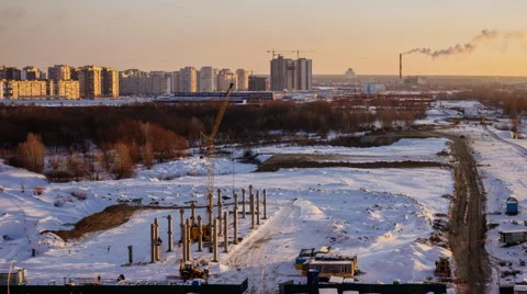 Building a House in Winter. Time Lapse. Stock Footage 66111135