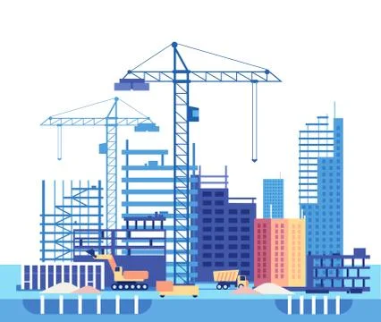 Building house. Work process of buildings construction and machinery. Flat Ilustración de archivo