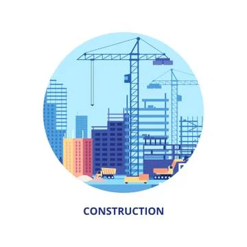 Building house. Work process of buildings construction and machinery banner Ilustración de archivo