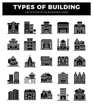 Building icon collection. diverse architectural styles. flat vector illustr.. Illustrazione stock