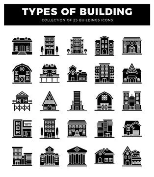 Building icon collection of diverse architectural styles on a white backgroun Ilustración de archivo
