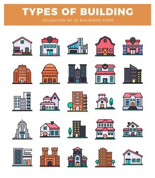 Building icon collection featuring diverse architectural styles. Ilustración de archivo