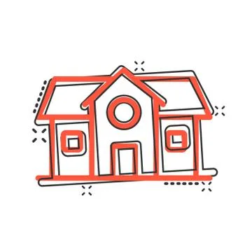 Building icon in comic style. Home cartoon vector illustration on white isola Ilustración de archivo