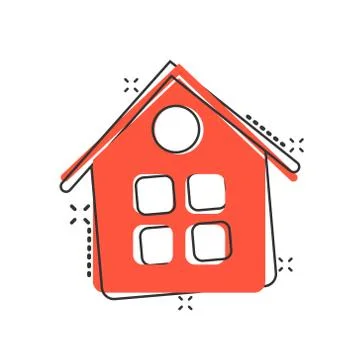 Building icon in comic style. Home cartoon vector illustration on white isola Ilustración de archivo