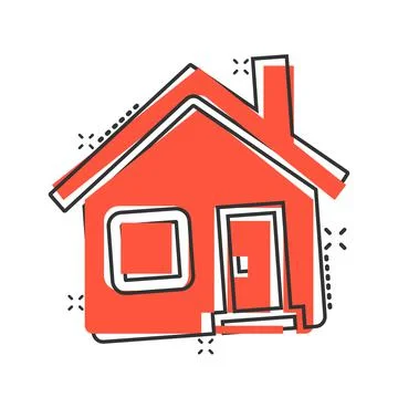 Building icon in comic style. Home cartoon vector illustration on white isola Ilustración de archivo