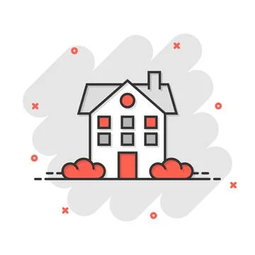 Building icon in comic style. Home cartoon vector illustration on white isola Ilustración de archivo