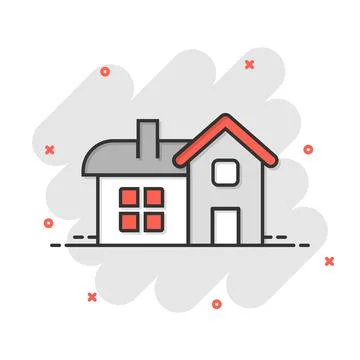 Building icon in comic style. Home cartoon vector illustration on white isola Ilustración de archivo