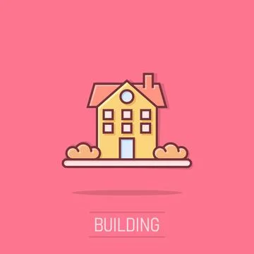 Building icon in comic style. Home cartoon vector illustration on isolated .. Ilustración de archivo