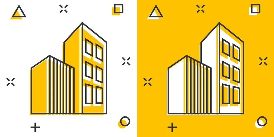Building icon in comic style. Skyscraper cartoon vector illustration on white Stock Illustration