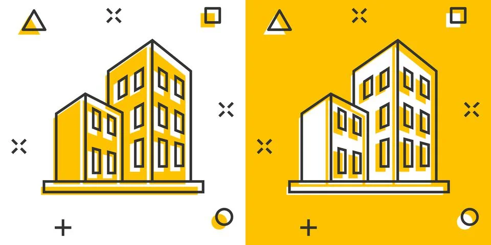 Building icon in comic style. Skyscraper cartoon vector illustration on white Illustrazione stock