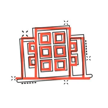 Building icon in comic style. Town skyscraper apartment cartoon vector illust Ilustración de archivo