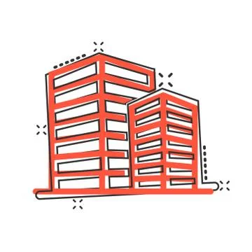 Building icon in comic style. Town skyscraper apartment cartoon vector illust Ilustración de archivo