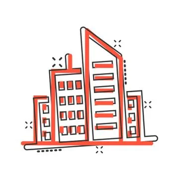 Building icon in comic style. Town skyscraper apartment cartoon vector illust Ilustración de archivo