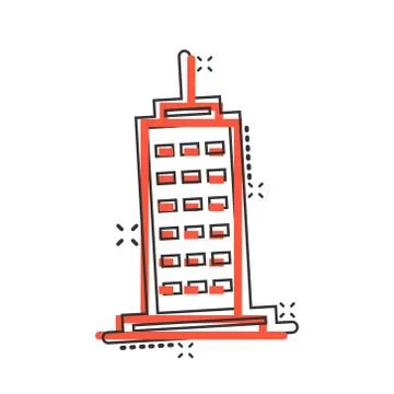 Building icon in comic style. Town skyscraper apartment cartoon vector illust Ilustración de archivo