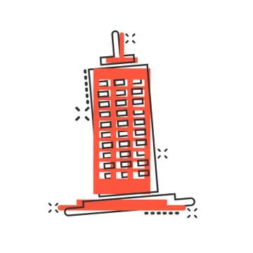 Building icon in comic style. Town skyscraper apartment cartoon vector illust Ilustración de archivo